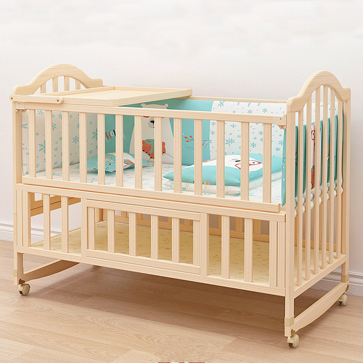 POLKA TOTS Elegant Wooden Rocking Cradle Baby Crib Cot / Kids Toddler Multifunctional Adjustable Bedding set with Mosquito net, Bumper Set, Pillow & Mat (Dino Bedding Set)
