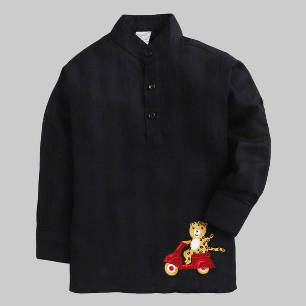 Polka Tots Tiger Embroidered Full Sleeves Kurta - Black