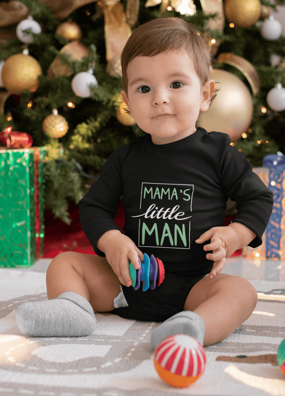 Polka Tots Full Sleeve Romper Onesie with Folded Mittens 100% Super Soft Cotton Mamas Little Man Black