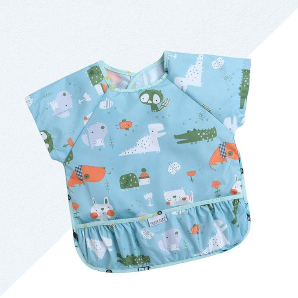 POLKA TOTS Half Sleeve Baby Bibs for Toddlers Feeding Apron with Pocket Washable/Reusable Baby Drooling Apron (6-24 Months) (Animal Design)