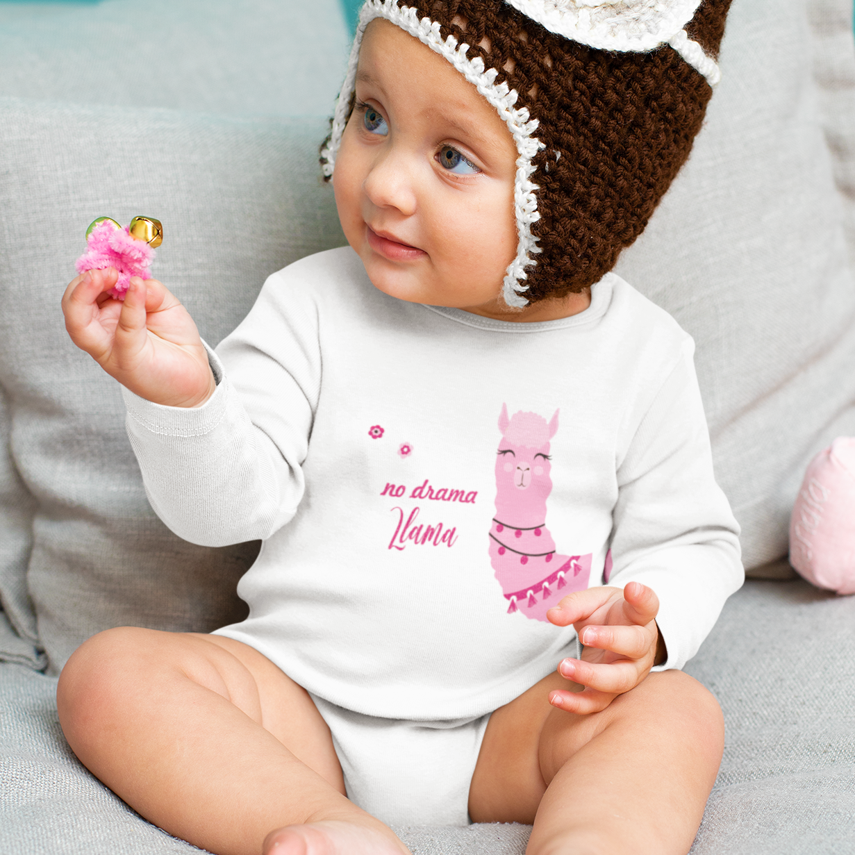 Polka Tots Full Sleeve Romper Onesie with Folded Mittens 100% Super Soft Cotton Llama White