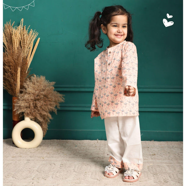 Polka Tots Flamingo print Full sleeves Nightwear Kurta pyjama set - Orange