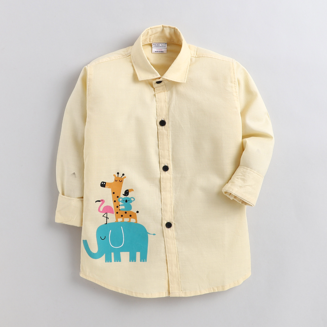 Polka Tots Full Sleeves Playing Animals Print Shirt - Yellow