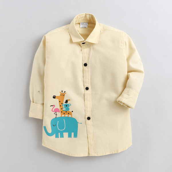 Polka Tots Full Sleeves Playing Animals Print Shirt - Yellow