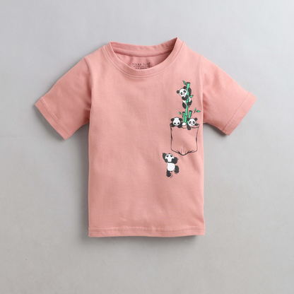 Polka Tots Half Sleeves Panda In Pocket Print Tshirt - Pink