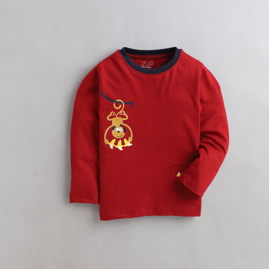 Polka Tots Full Sleeves Monkey Printed Tshirt - Red