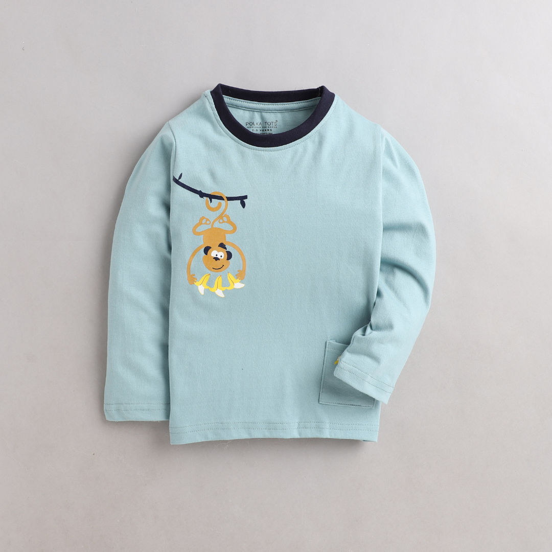 Polka Tots Full Sleeves Monkey Printed Tshirt - Sea Green