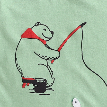 Polka Tots Full Sleeve Fishing Bear print Tshirt - Green