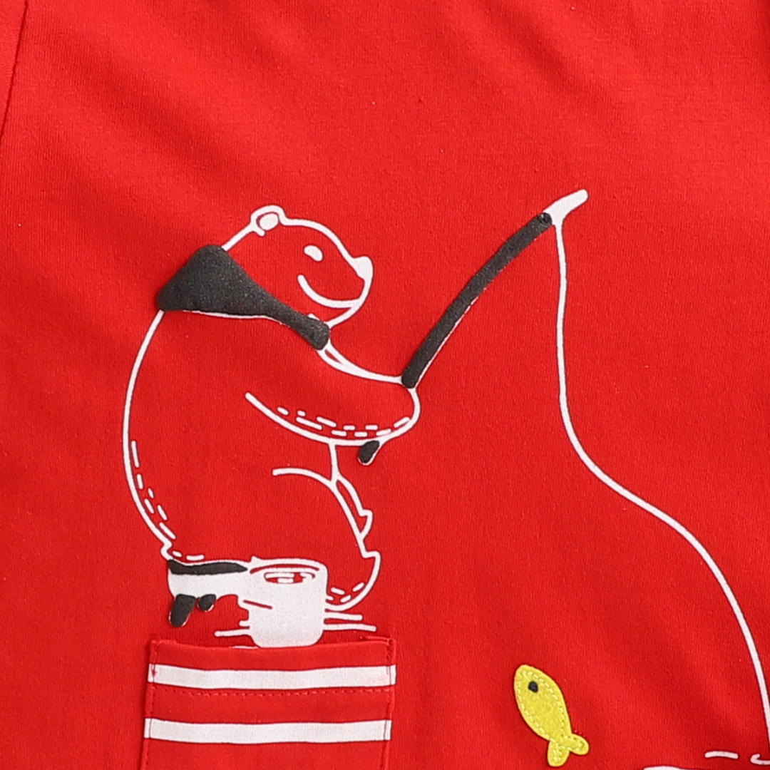 Polka Tots Full Sleeve Fishing Bear print Tshirt - Red