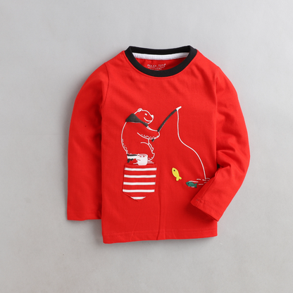 Polka Tots Full Sleeve Fishing Bear print Tshirt - Red