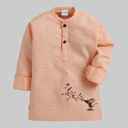 Polka Tots Mouse Embroidered Full Sleeves Kurta - Light Peach