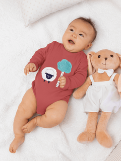 Polka Tots Full Sleeve Romper Onesie with Folded Mittens 100% Super Soft Cotton Sheep and Tree Rust