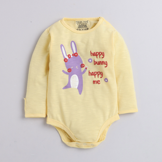 Polka Tots Full Sleeves Happy Bunny Printed Onesie - Yellow
