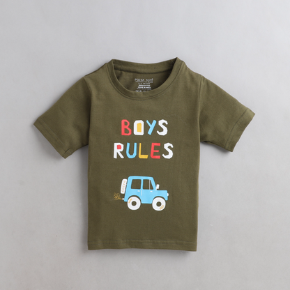 Polka Tots Half Sleeves Boys Rules Print Tshirt- Green