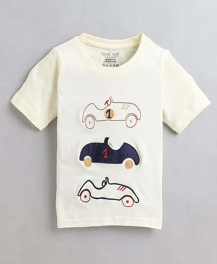 Polka Tots Half Sleeves Car Racing Print Tshirt - White
