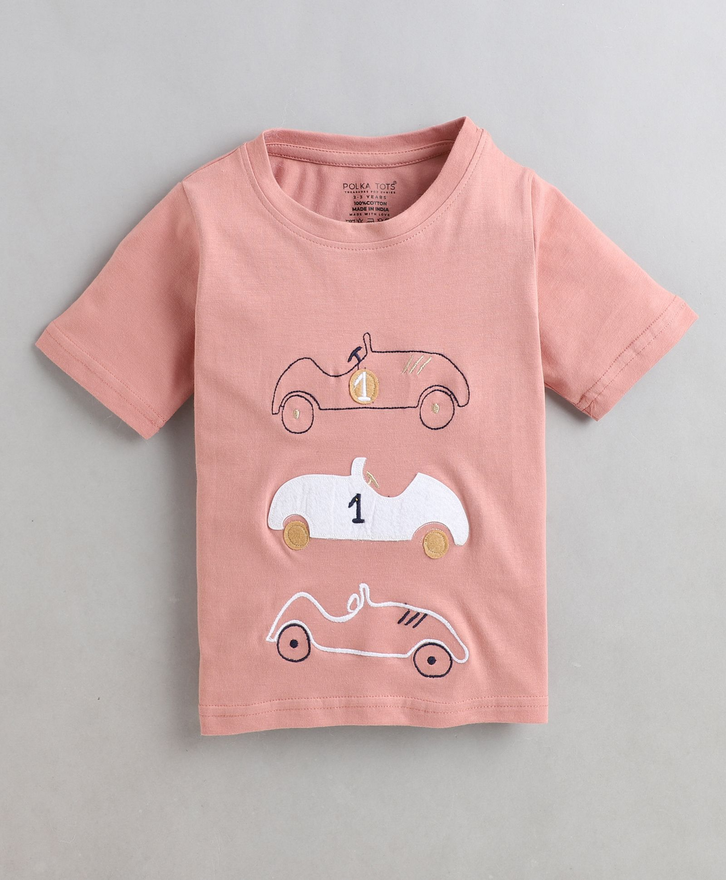 Polka Tots Half Sleeves Car Racing Patch Tshirt- Pink