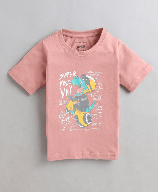 Polka Tots Half Sleeves Dinosaur Print Tshirt - Pink