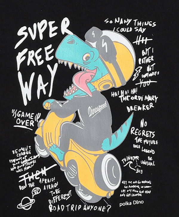 Polka Tots Half Sleeves Dinosaur Print Tshirt - Black