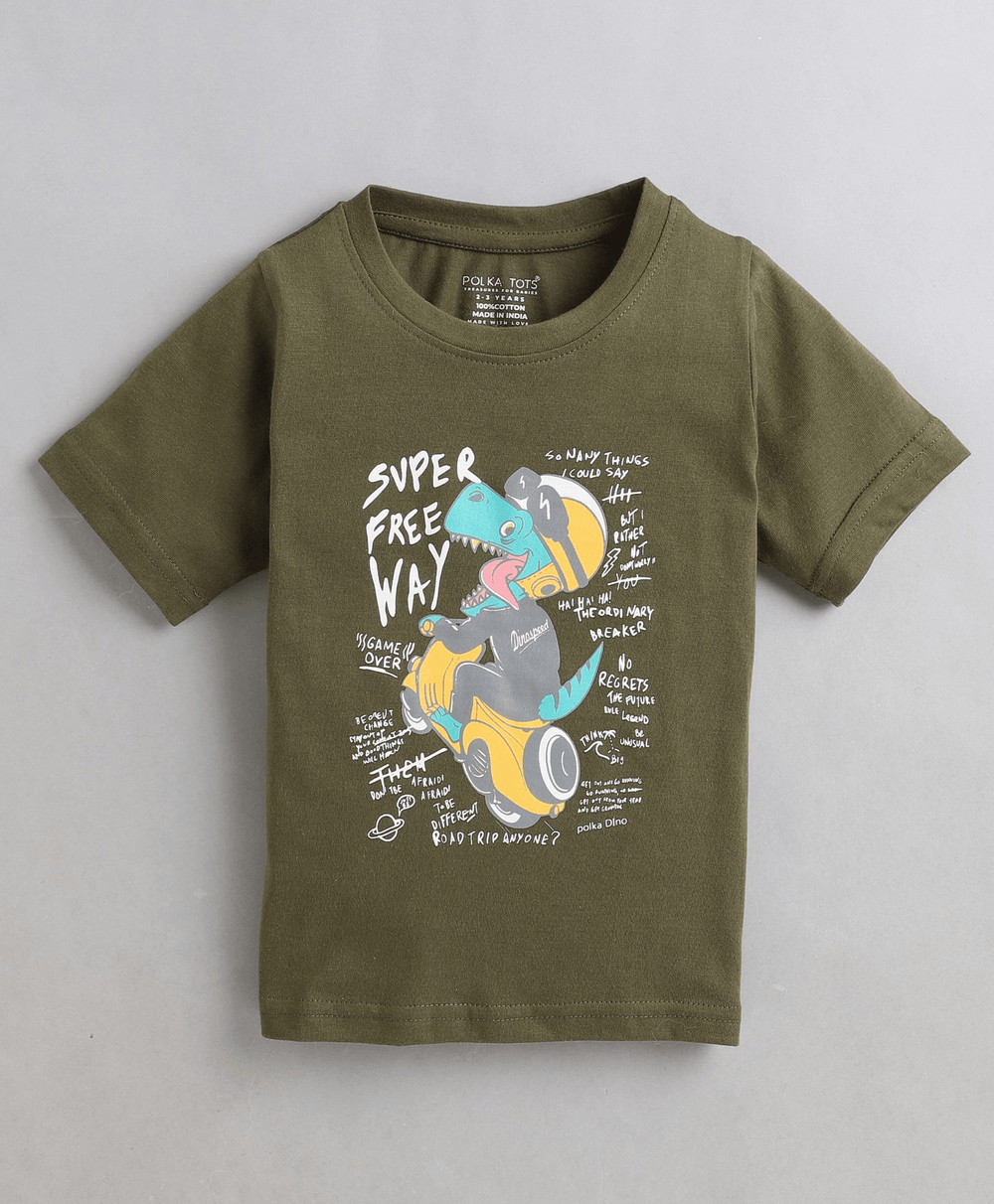 Polka Tots Half Sleeves Dinosaur Print Tshirt - Green