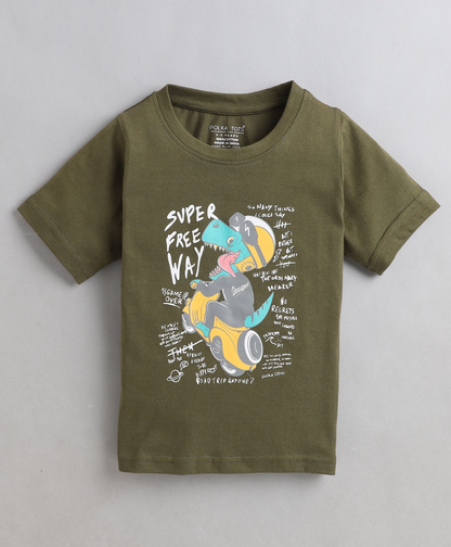 Polka Tots Half Sleeves Dinosaur Print Tshirt - Green