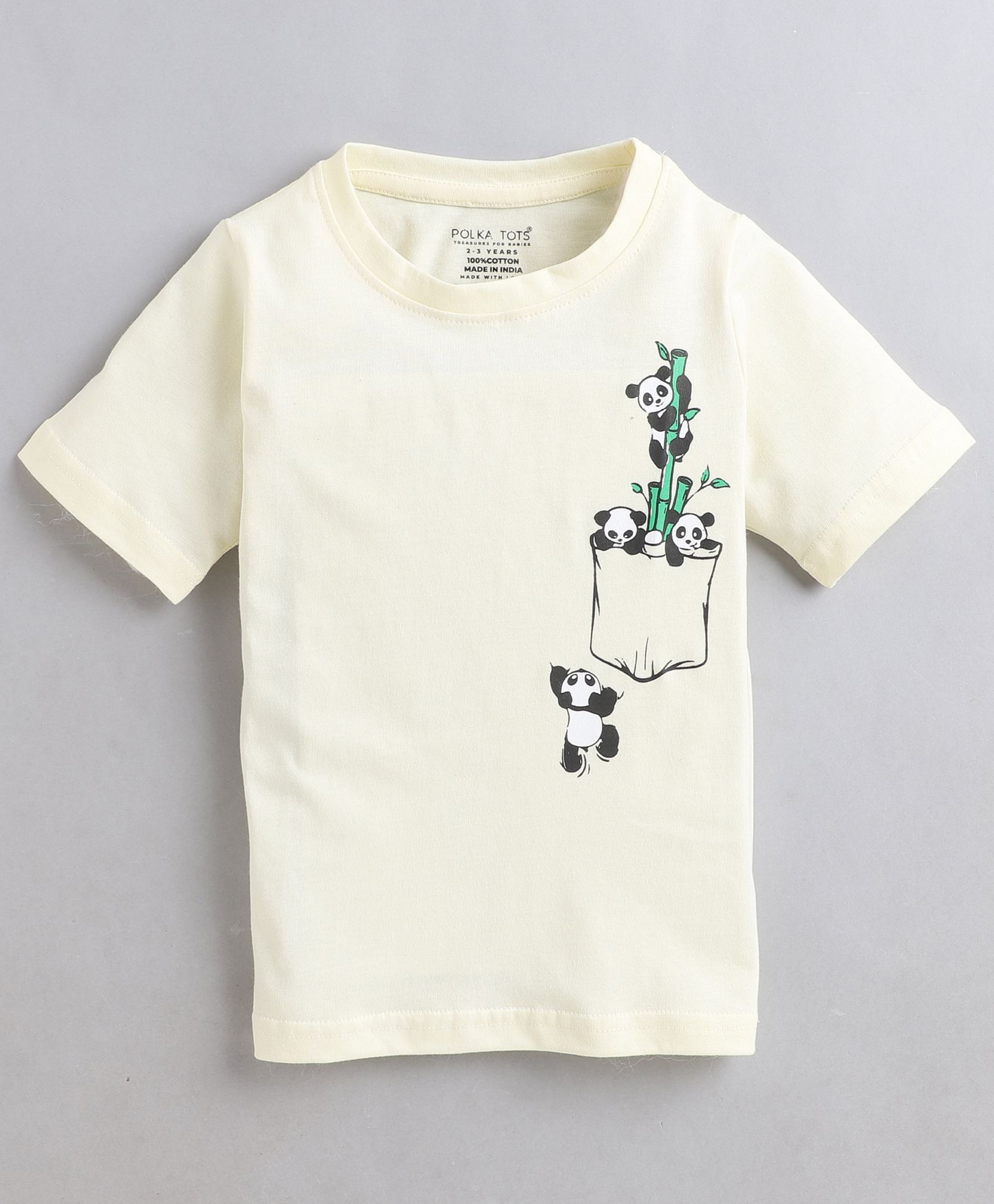 Polka Tots Half Sleeve Panda In Pocket Print Tshirt - Cream