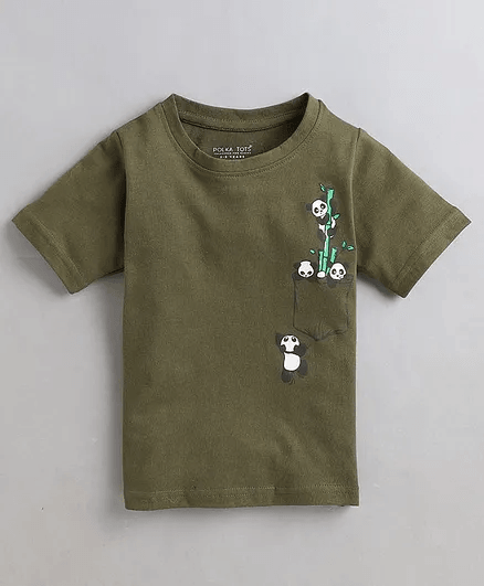 Polka Tots Half Sleeves Panda In Pocket Print Tshirt- Green