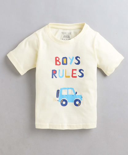 Polka Tots Half Sleeves Boys Rules Print Tshirt - Cream