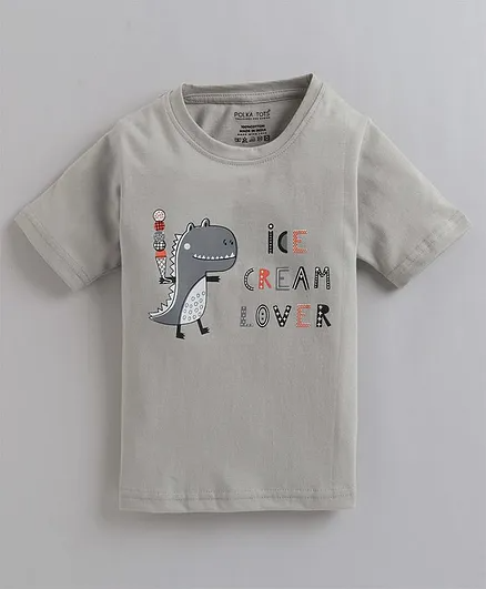 Polka Tots Half Sleeves Dinosaur Print Tshirt - Grey