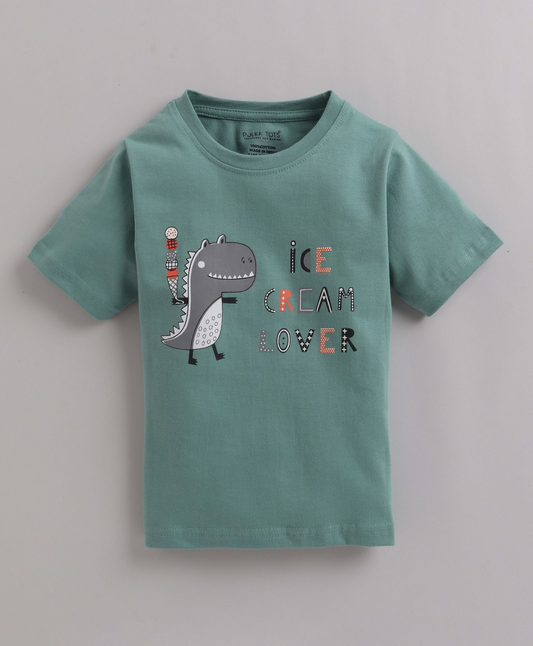 Polka Tots Half Sleeves Dinosaur Print Tshirt - Green