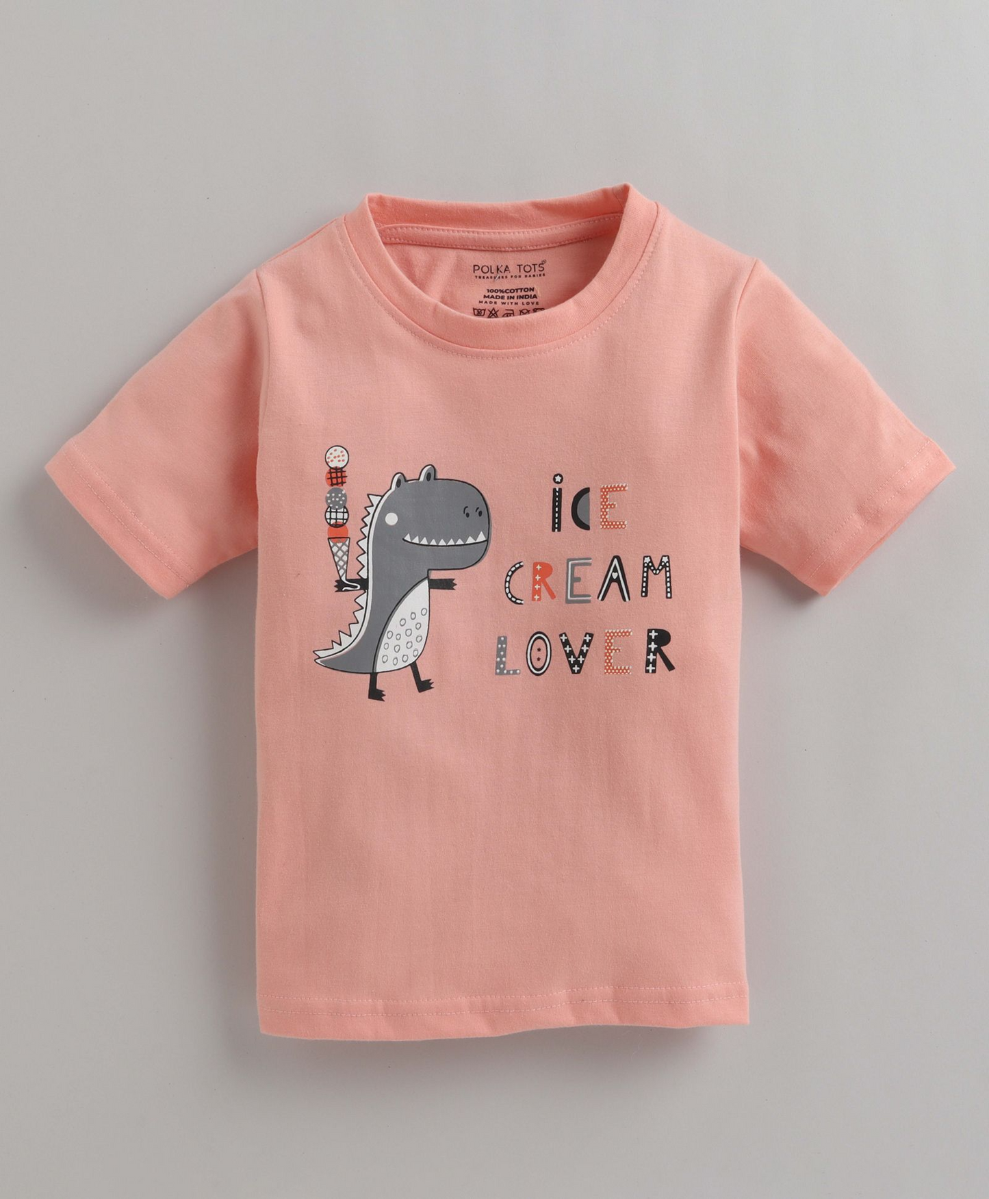 Polka Tots Half Sleeves Dinosaur Print Tshirt - Peach