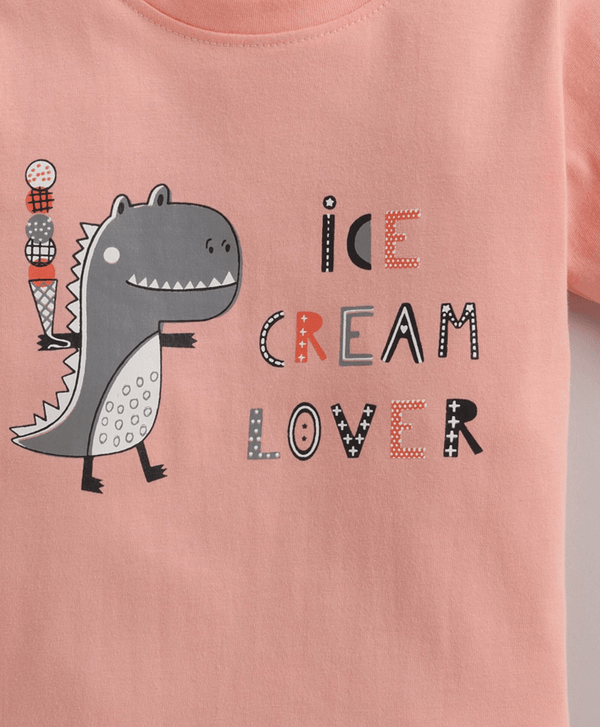 Polka Tots Half Sleeves Dinosaur Print Tshirt - Peach