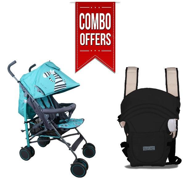 Combo of Zebra Baby Stroller and Baby Carrier (Blue and Black)