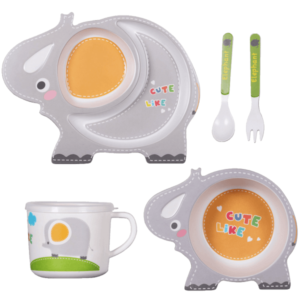 Eco-Friendly 5 Pieces Bamboo Fiber Kids Crockery Set (Cute Elephant)