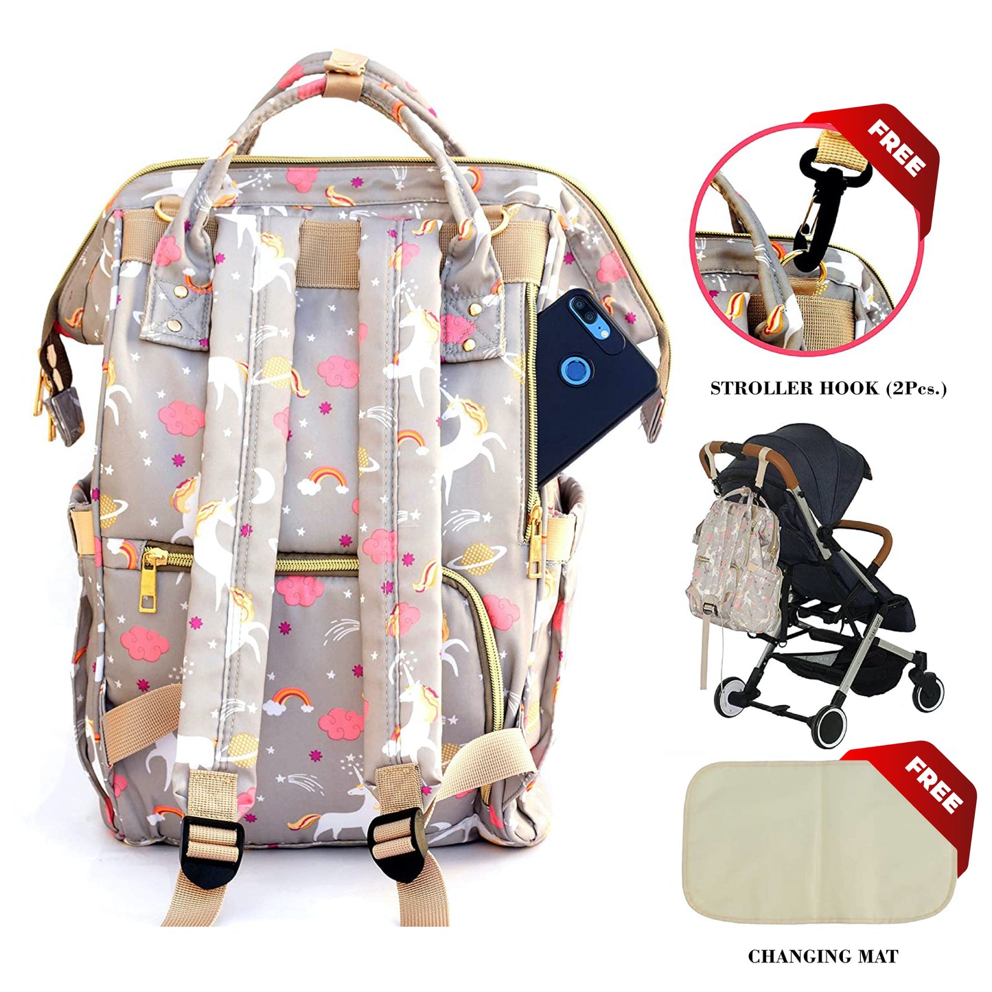Premium Multi-functional Diaper Backpack Bag - 17 Pockets (Unicorn)
