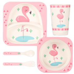 Eco Friendly 5 Pieces Bamboo Fiber Kids Dinner Set (Flamingo)