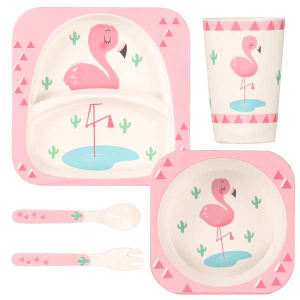 Eco Friendly 5 Pieces Bamboo Fiber Kids Dinner Set (Flamingo)