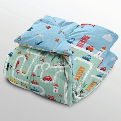 Polka Tots Kids Comforter Baby Blanket and Reversible Quilt 2 Way Design ( Roadway,60x 40 inch )