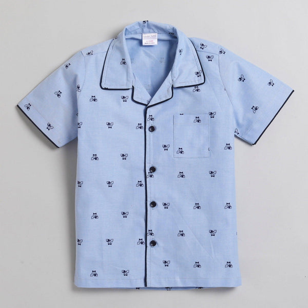 Polka Tots Half Sleeve Night Suit Pair 100% Cotton Little Mice Print - Blue