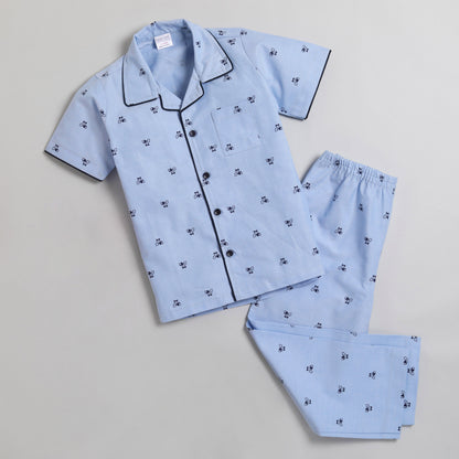 Polka Tots Half Sleeve Night Suit Pair 100% Cotton Little Mice Print - Blue