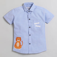 Polka Tots Half Sleeve Shirt Cute Lion With Pocket Roar Print - Blue