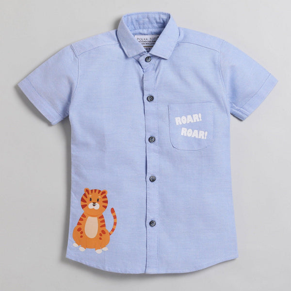Polka Tots Half Sleeve Shirt Cute Lion With Pocket Roar Print - Blue