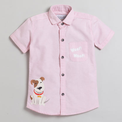 Polka Tots Half Sleeve Shirt Cute Dog With Pocket Woof Print - Pink