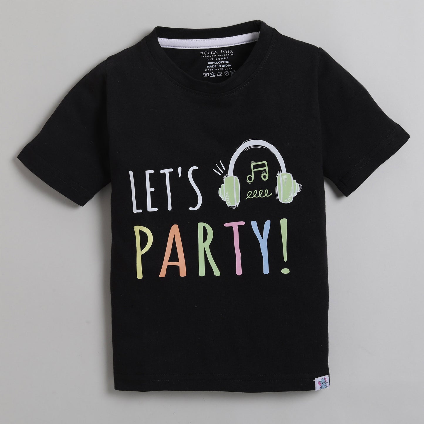 Polka Tots Half Sleeve T-Shirt Let's Party Print - Black