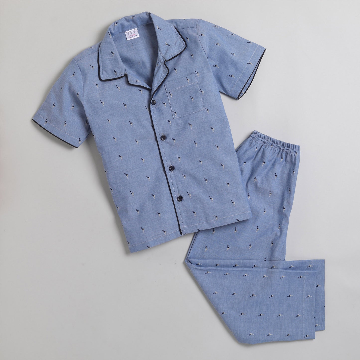 Polka Tots Half Sleeve Night Suit Pair 100% Cotton Flamingo Print   - Navy Blue