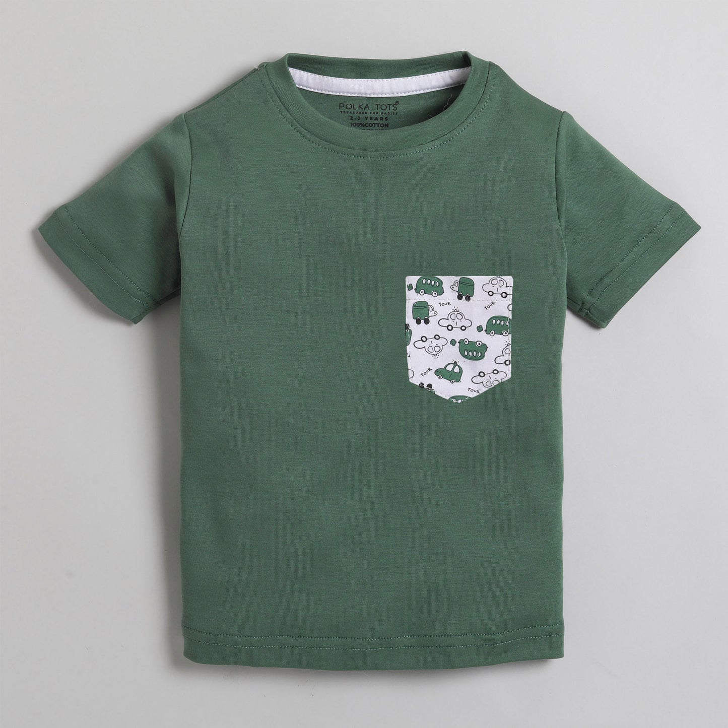 Polka Tots Half Sleeve T-Shirt With Vehicle Pocket -  Green