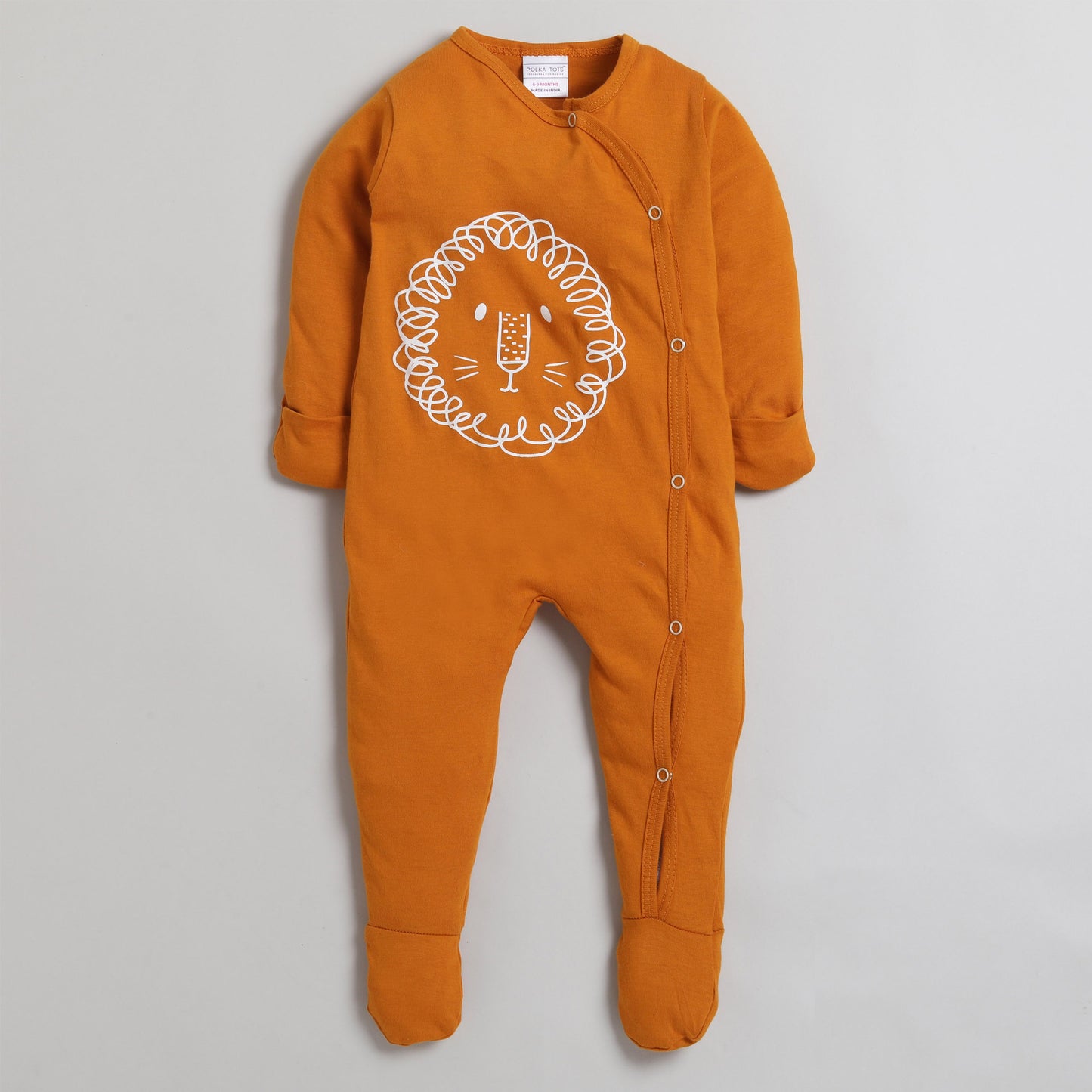 Polka Tots Footsie Romper With Mittens 100% Cotton Lion Face  - Mustard
