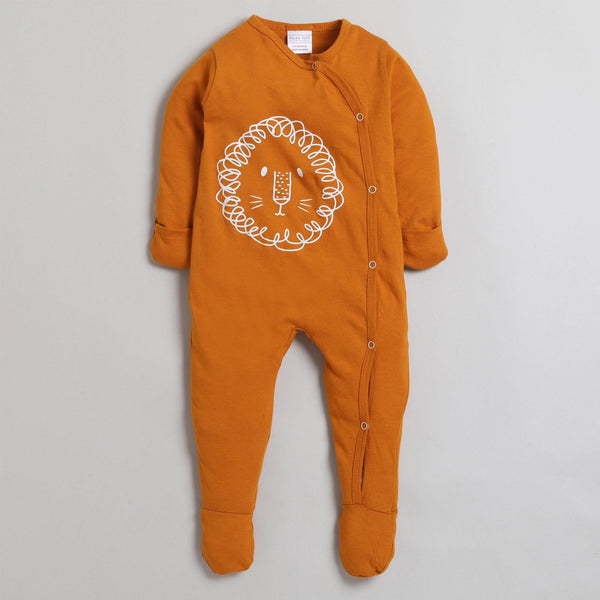Polka Tots Footsie Romper With Mittens 100% Cotton Lion Face  - Mustard