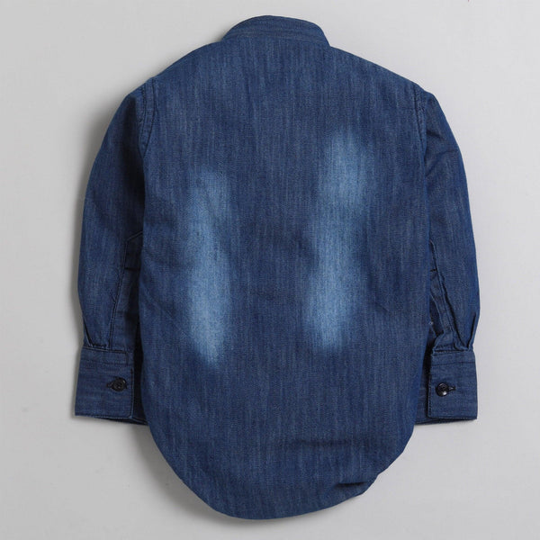 Polka Tots Full Sleeve Denim Shirt Romper- Single Red Cheks Pocket - Blue Denim