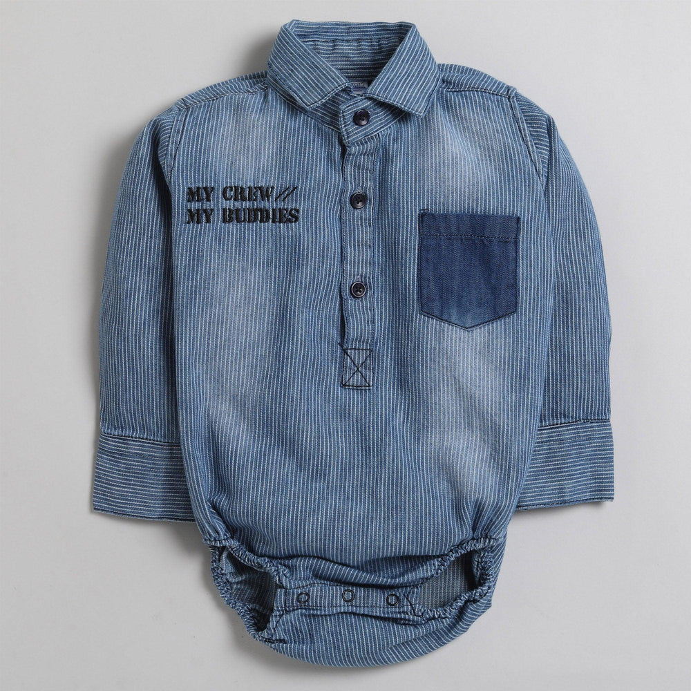 Polka Tots Full Sleeve Denim Shirt Romper- My Crew My Buddies with pocket- Blue Denim