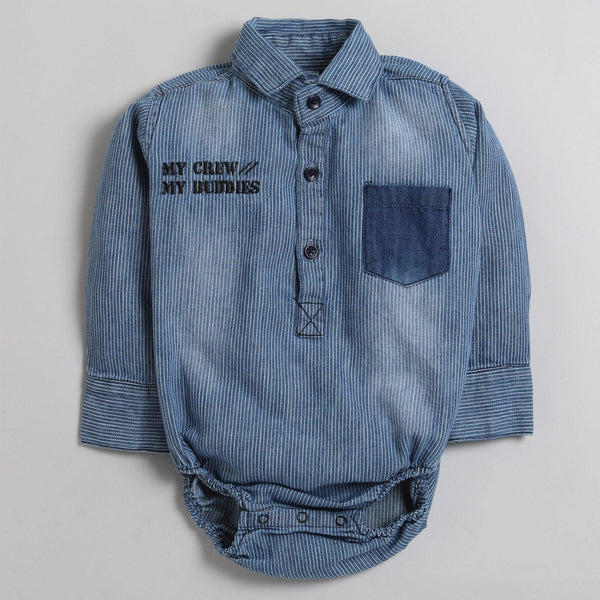 Polka Tots Full Sleeve Denim Shirt Romper- My Crew My Buddies with pocket- Blue Denim